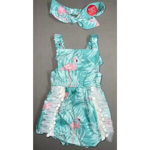 NWT Handmade Flamingo Romper & Headband Baby Girl 6-9 Months